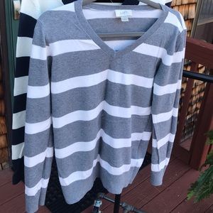 NWOT Loft grey and white striped V-neck sweater